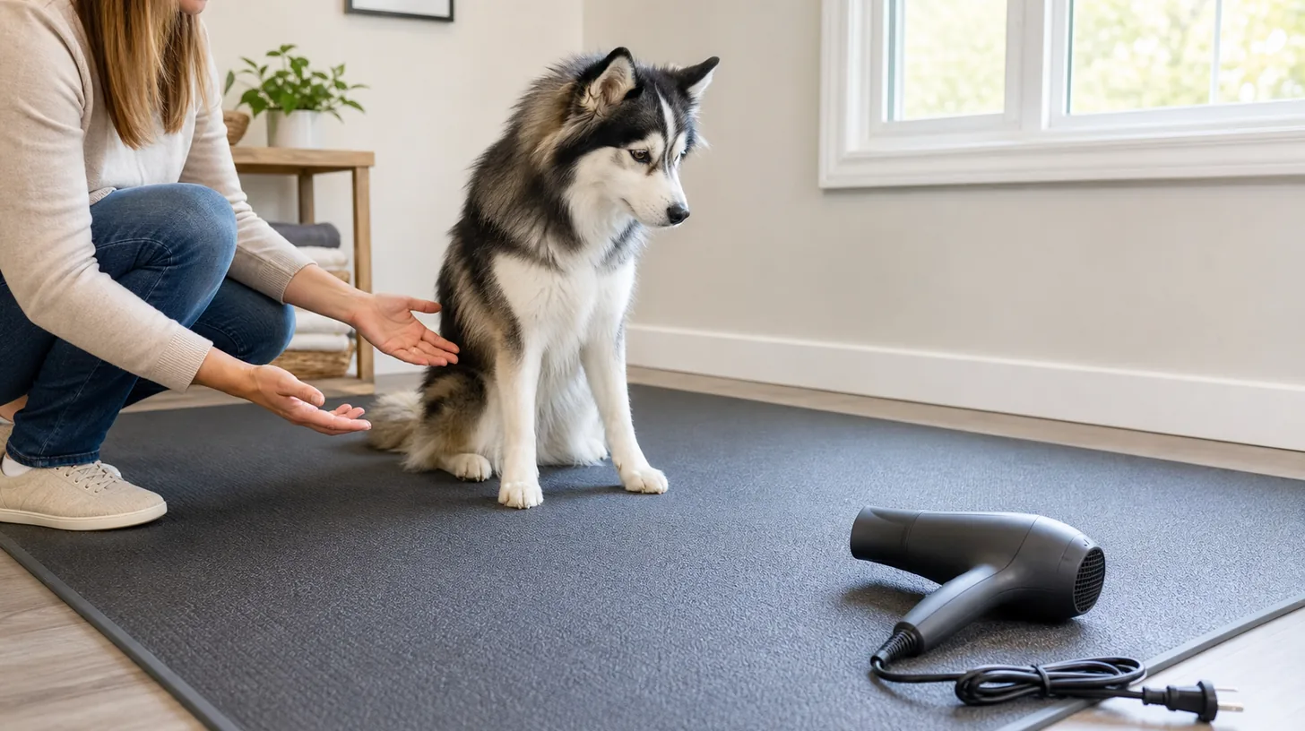 Dry Pomsky calmly observing an unplugged generic hair dryer from a safe distance