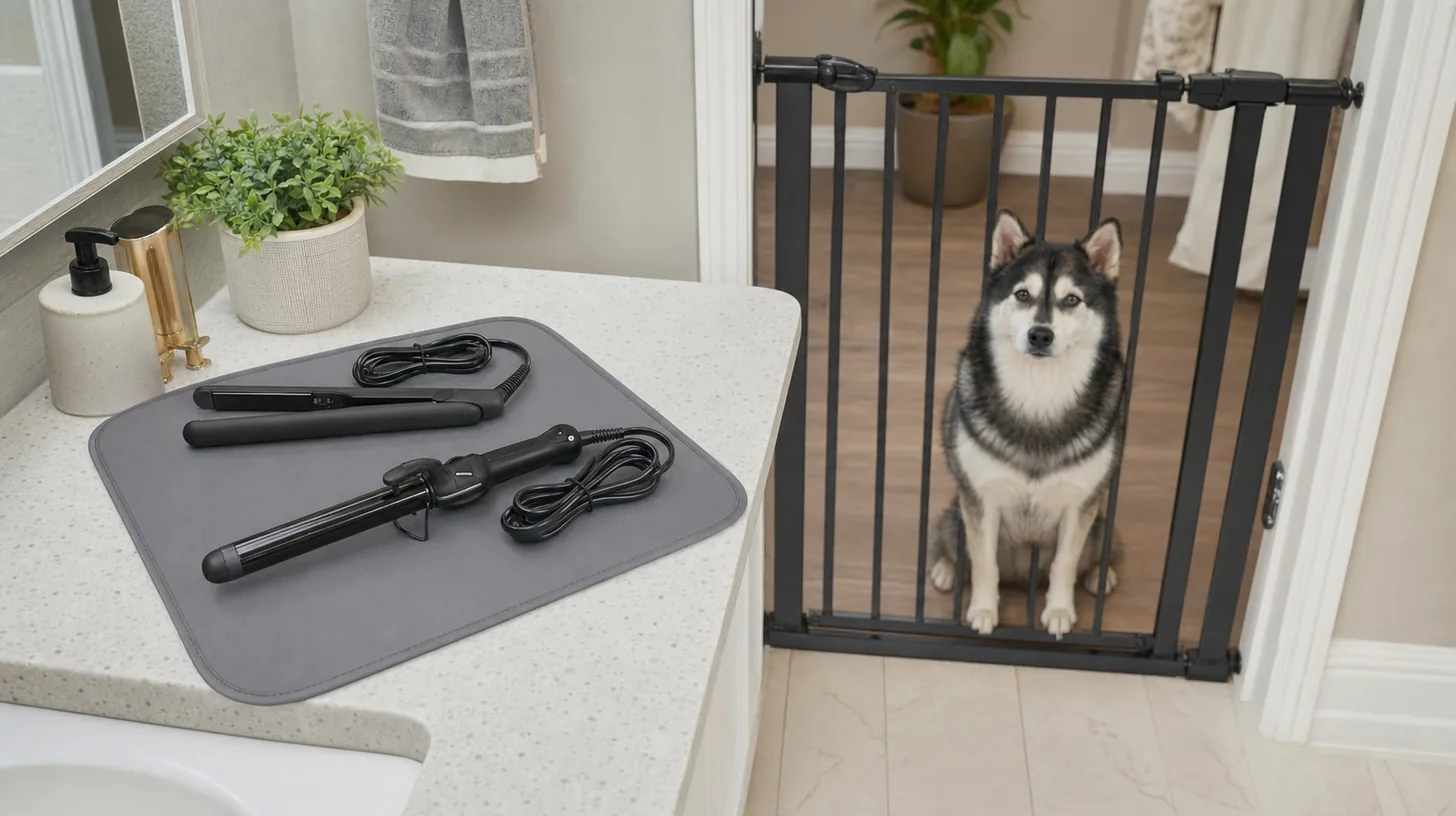 Unplugged hair styling tools cool on a mat while a Pomsky waits behind a gate