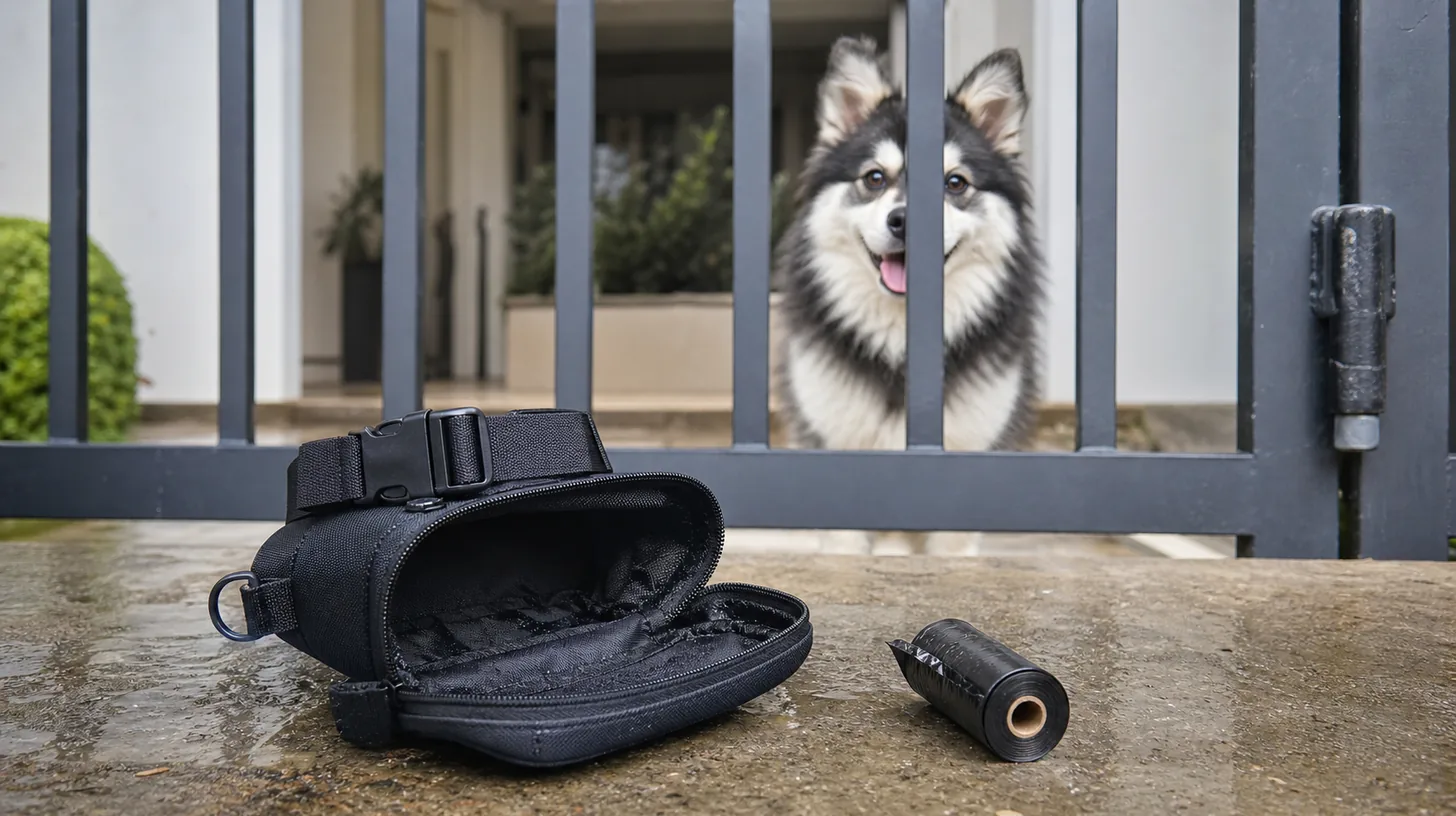 An open hands-free leash pouch and detached accessory dry away from a gated Pomsky
