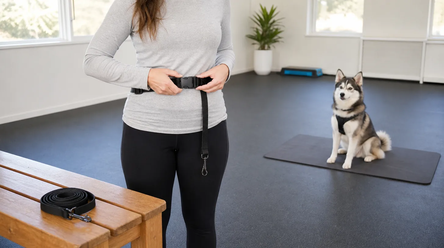Caregiver tests the release on an unattached hands-free waist leash while a Pomsky waits on a mat