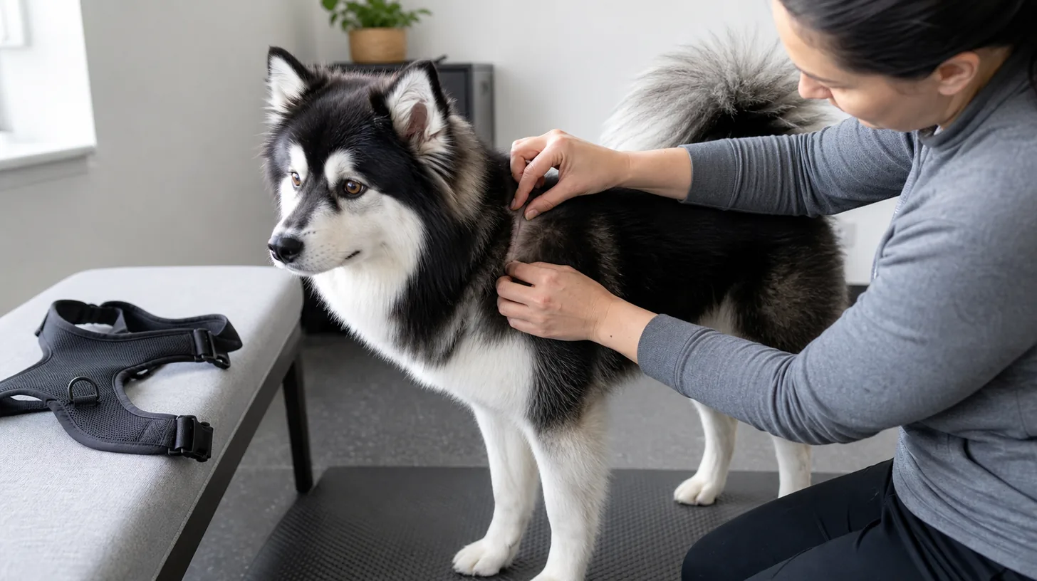 Caregiver makes a narrow part in a Pomsky's coat after removing a plain body harness