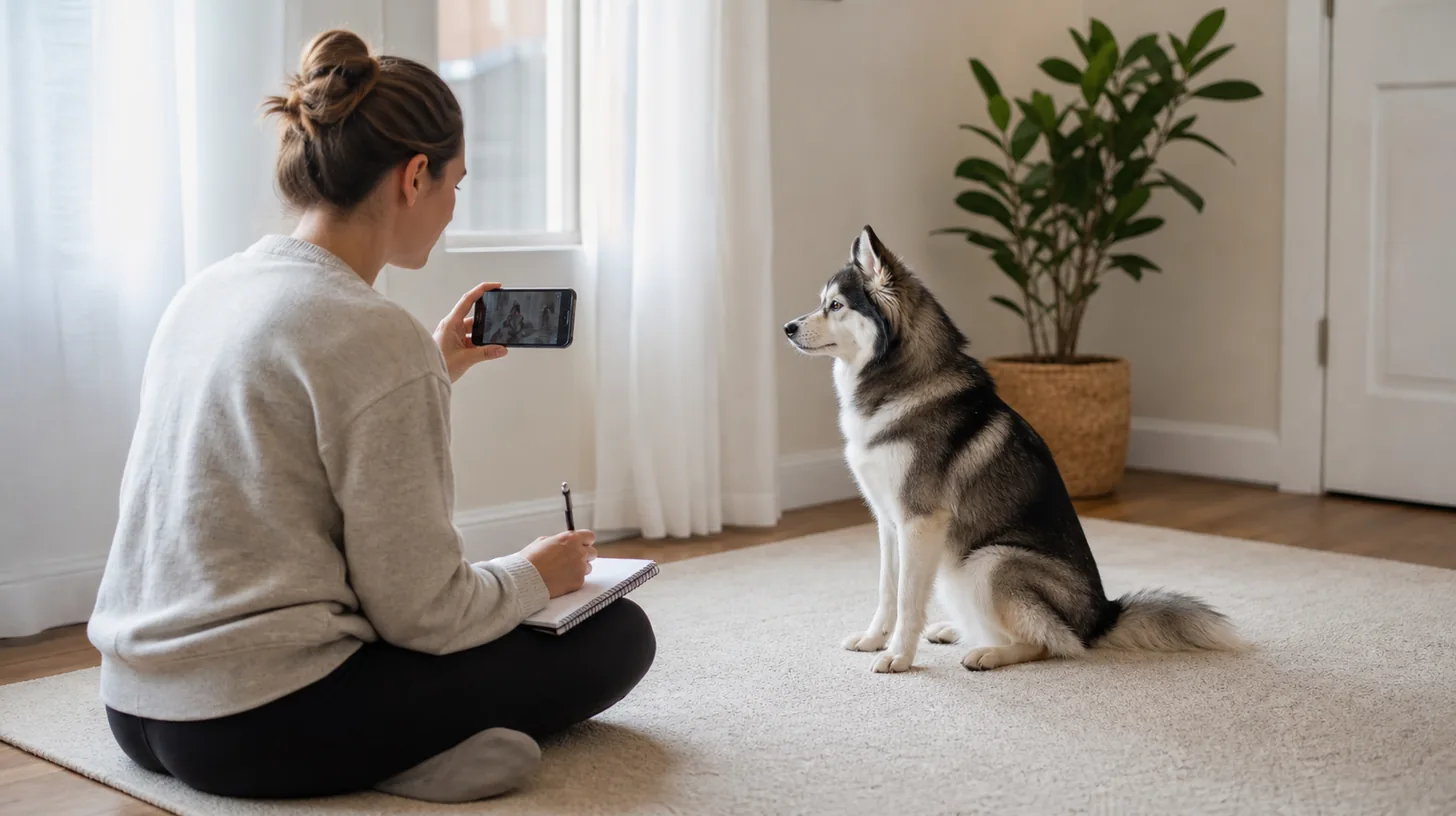 A caregiver records a seated Pomsky from a respectful distance in a bright room