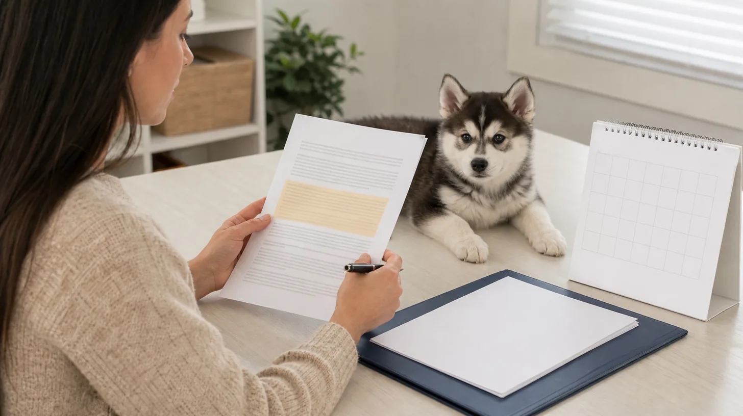 Pomsky buyer reviews a highlighted blank contract clause with a record packet and calendar