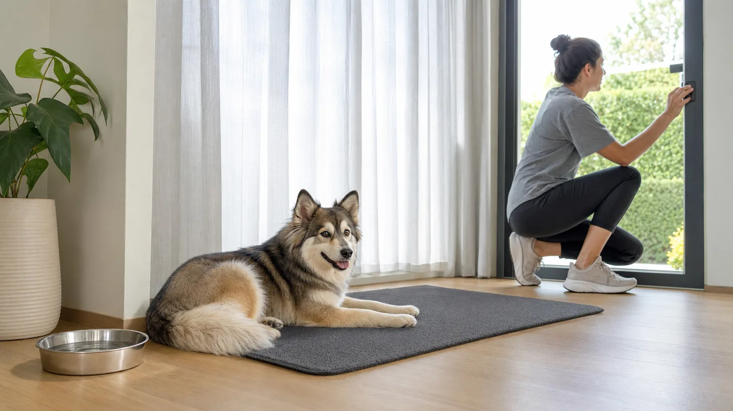 Pomsky rests in a cool indoor area while a caregiver checks a shaded doorway