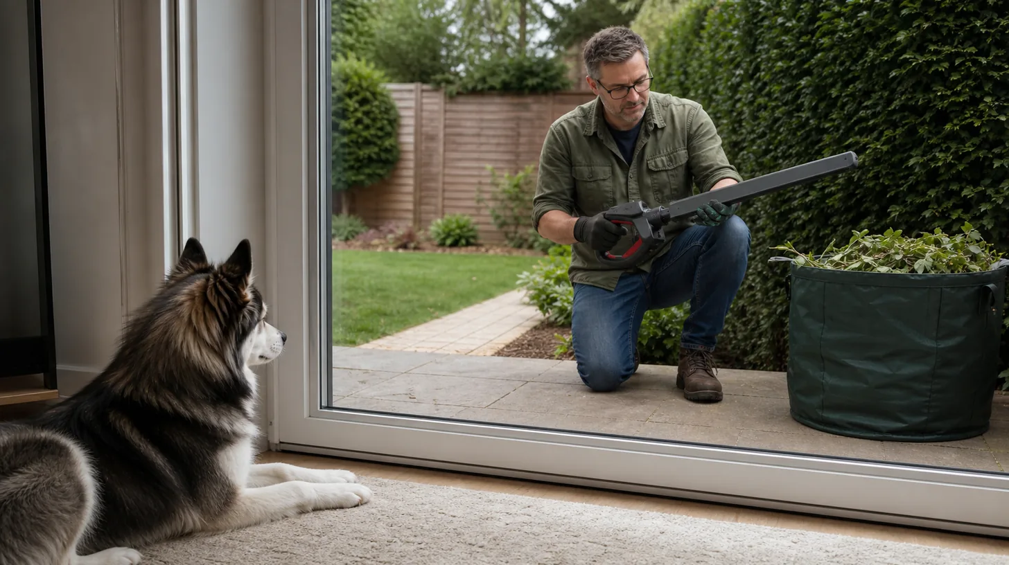 Pomsky indoors behind a closed door while a caregiver checks a switched-off sheathed hedge trimmer