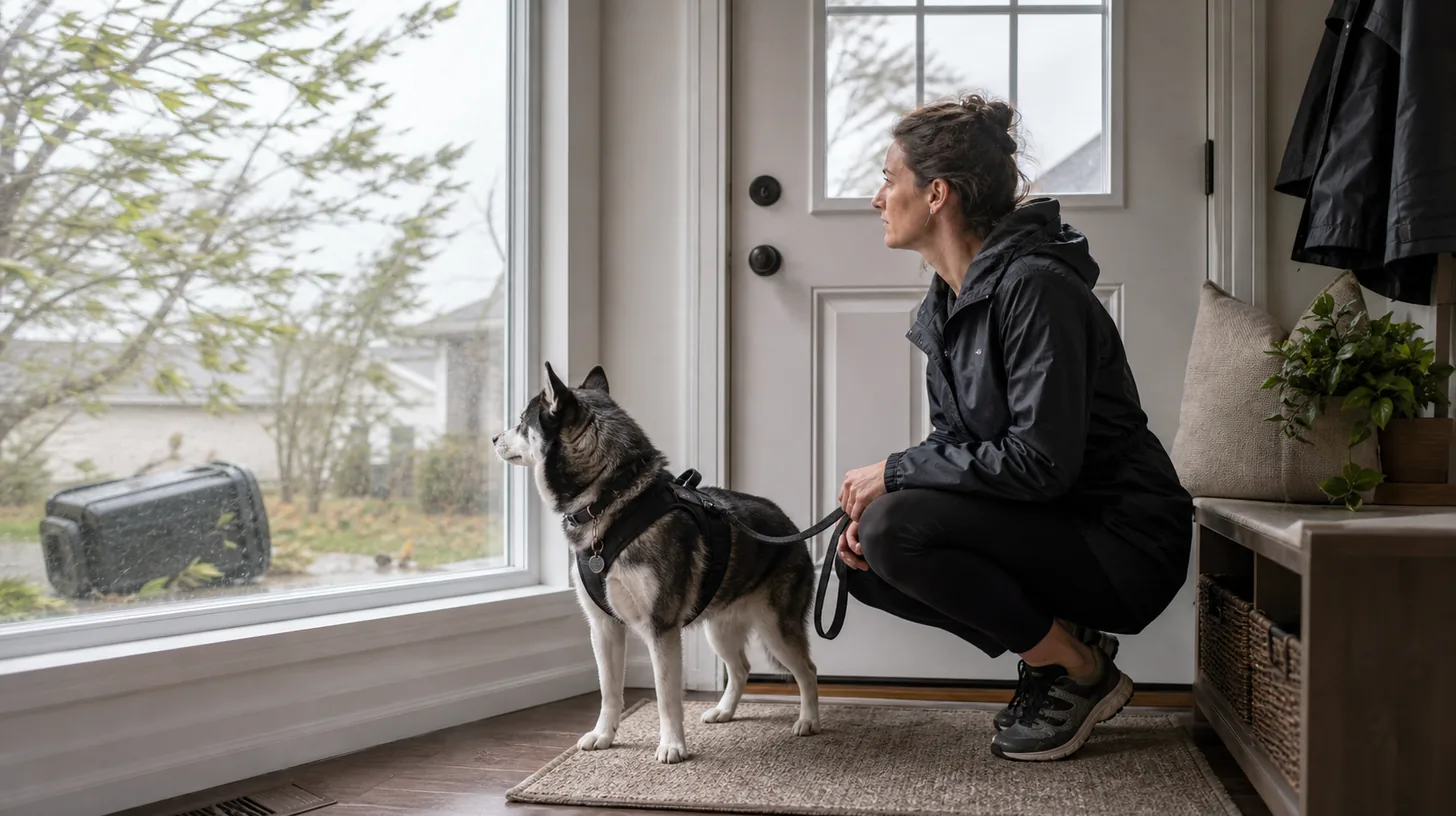Pomsky and caregiver waiting inside an entryway while branches move in strong wind outdoors