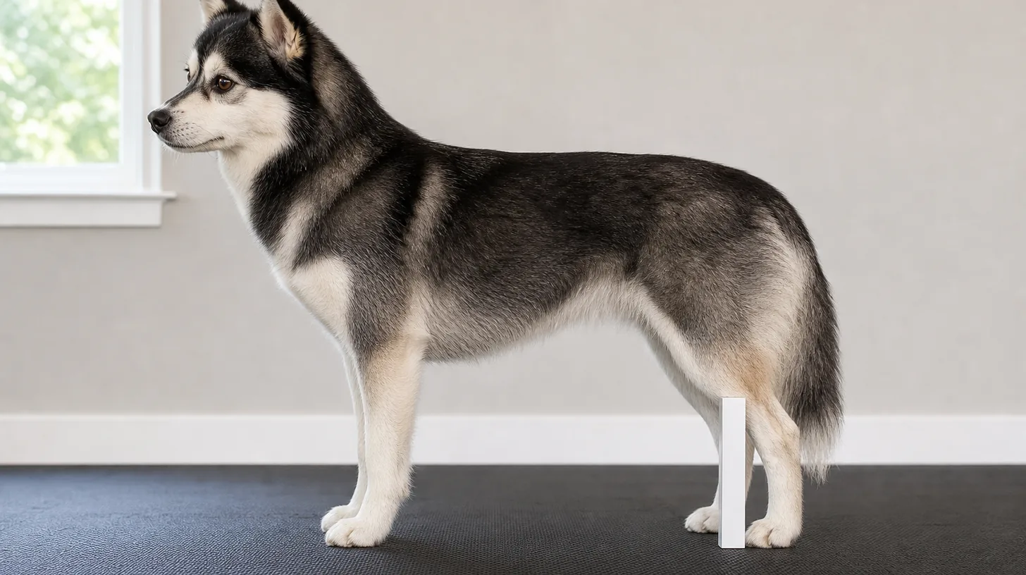 Pomsky in a square side stance with a short gauge beside the rear hock and floor