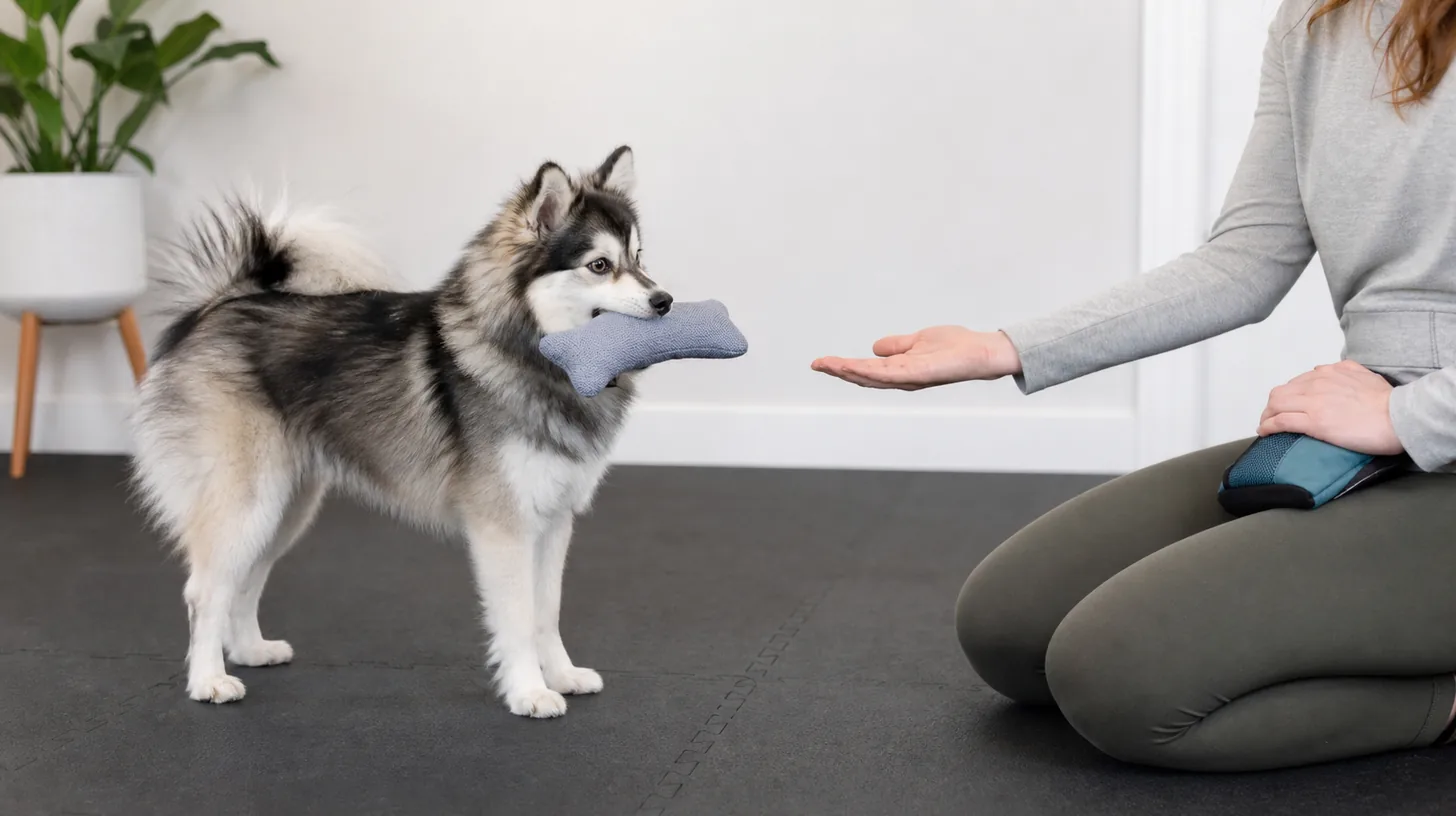 Pomsky gently holds one intact soft toy while a nearby handler offers an open trade hand