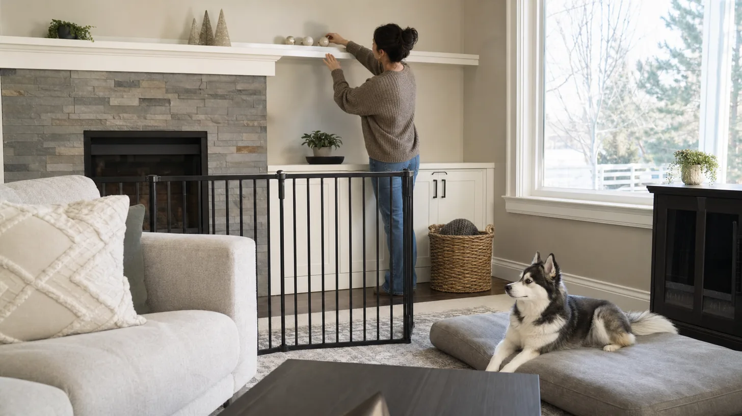 Caregiver securing holiday decorations above a gated Pomsky zone