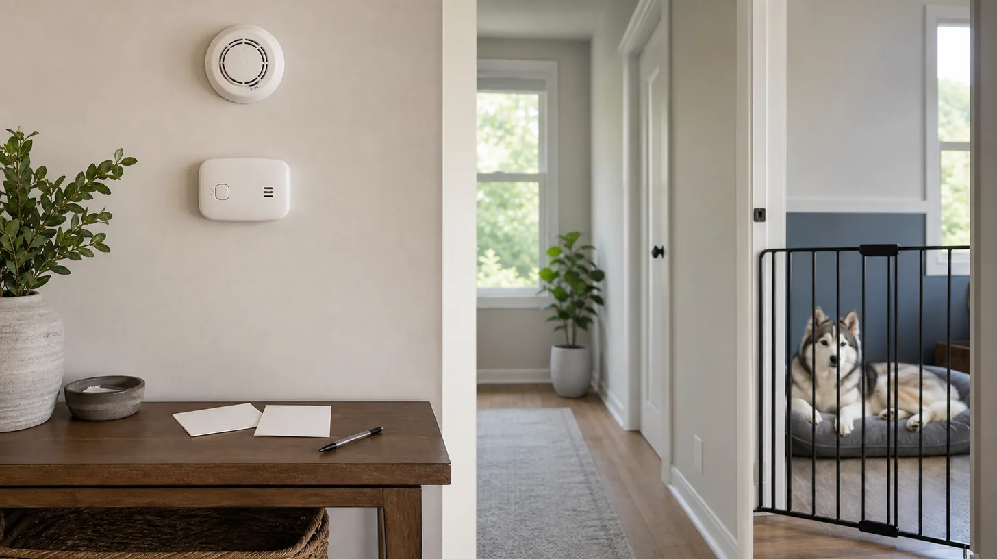 Home smoke and carbon monoxide alarms are visible while a Pomsky rests behind a gate