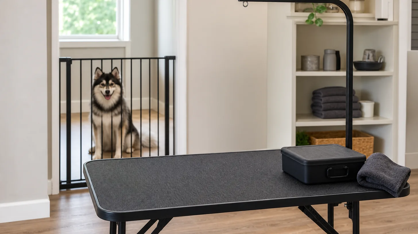 Clean grooming table with nonslip surface, closed tool tray and folded towel
