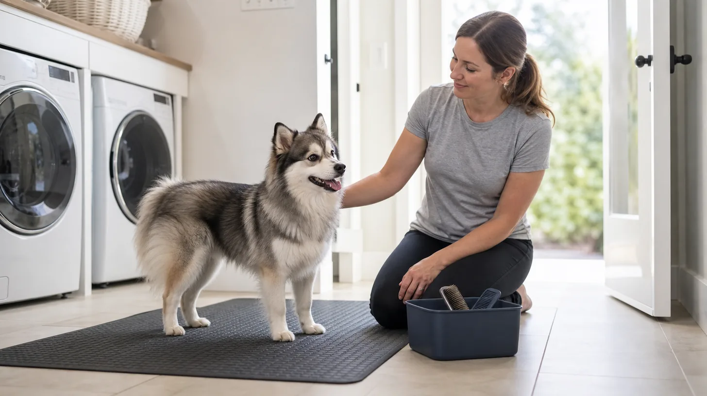 A Pomsky stands voluntarily on a low nonslip grooming mat beside a caregiver and tool caddy
