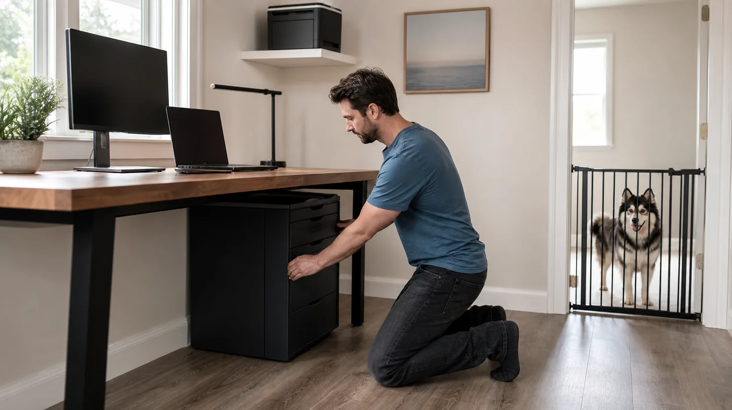 A caregiver closes secure office storage while a Pomsky waits behind a doorway gate