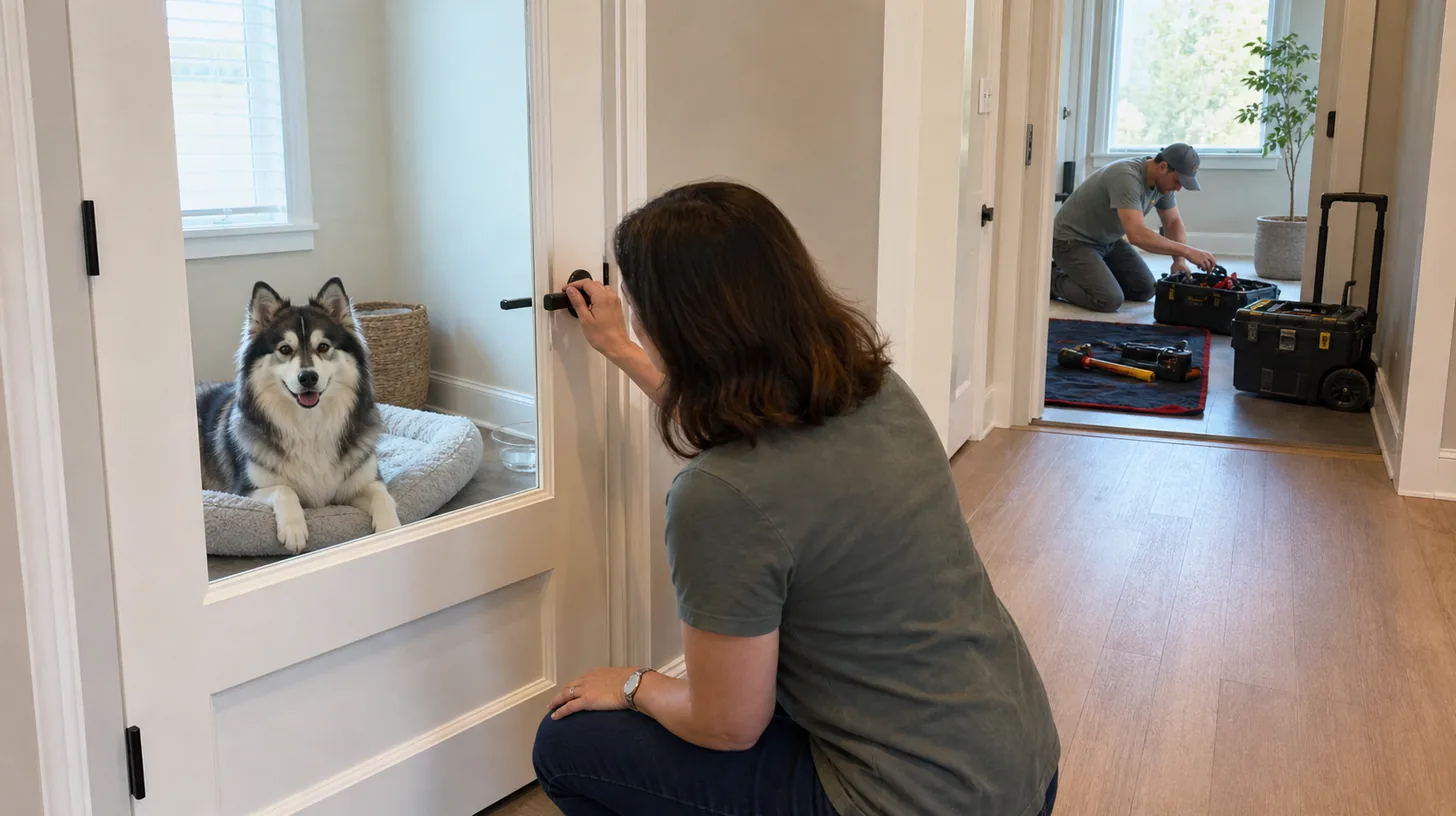 A Pomsky rests behind a closed interior door while a contractor works with tools in a separate room