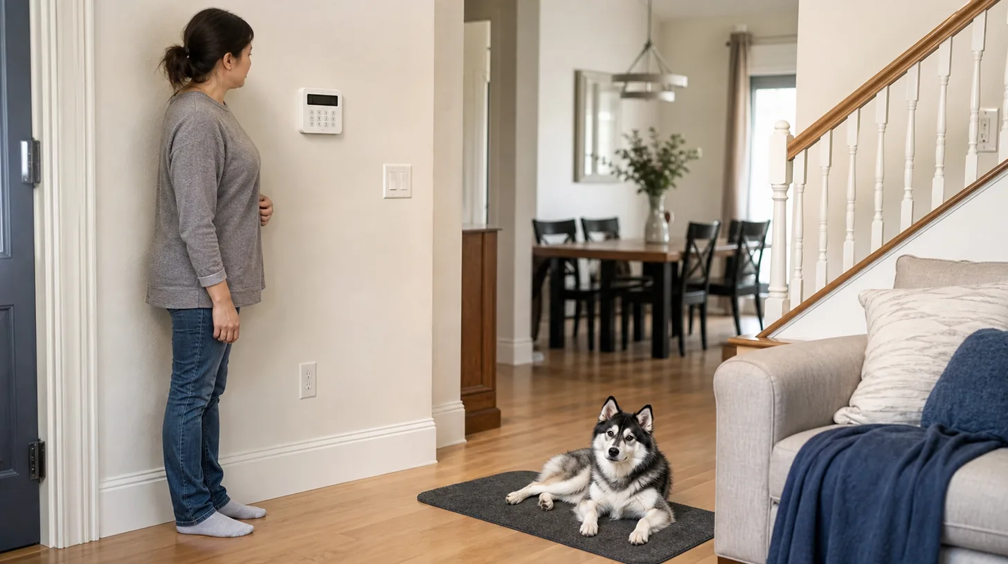 Calm Pomsky on a mat at a safe distance from a caregiver using a plain home security keypad