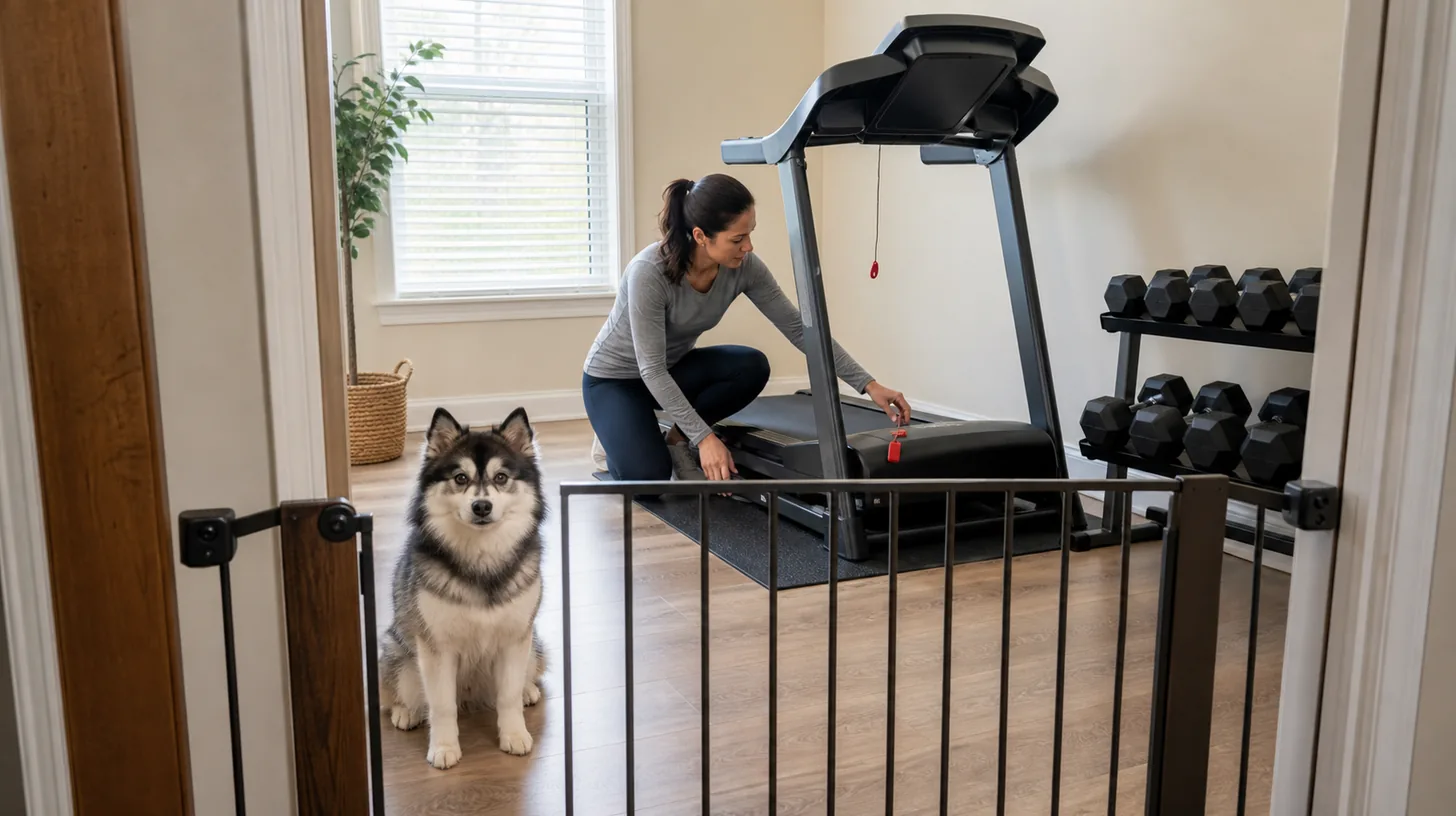 Pomsky waiting behind a secure gate while a caregiver inspects a stationary treadmill and racked weights