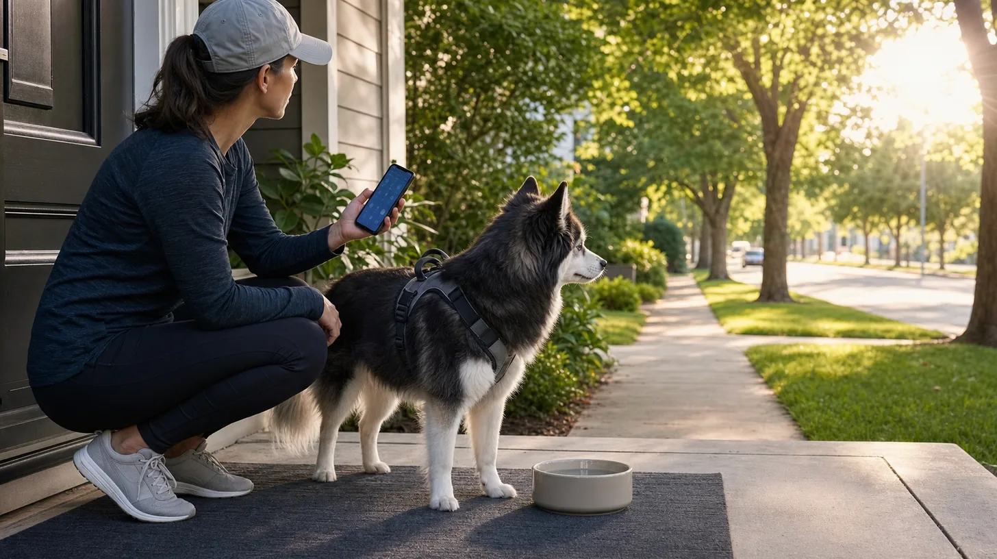 A caregiver checks conditions with a harnessed Pomsky waiting in shade beside water before a walk