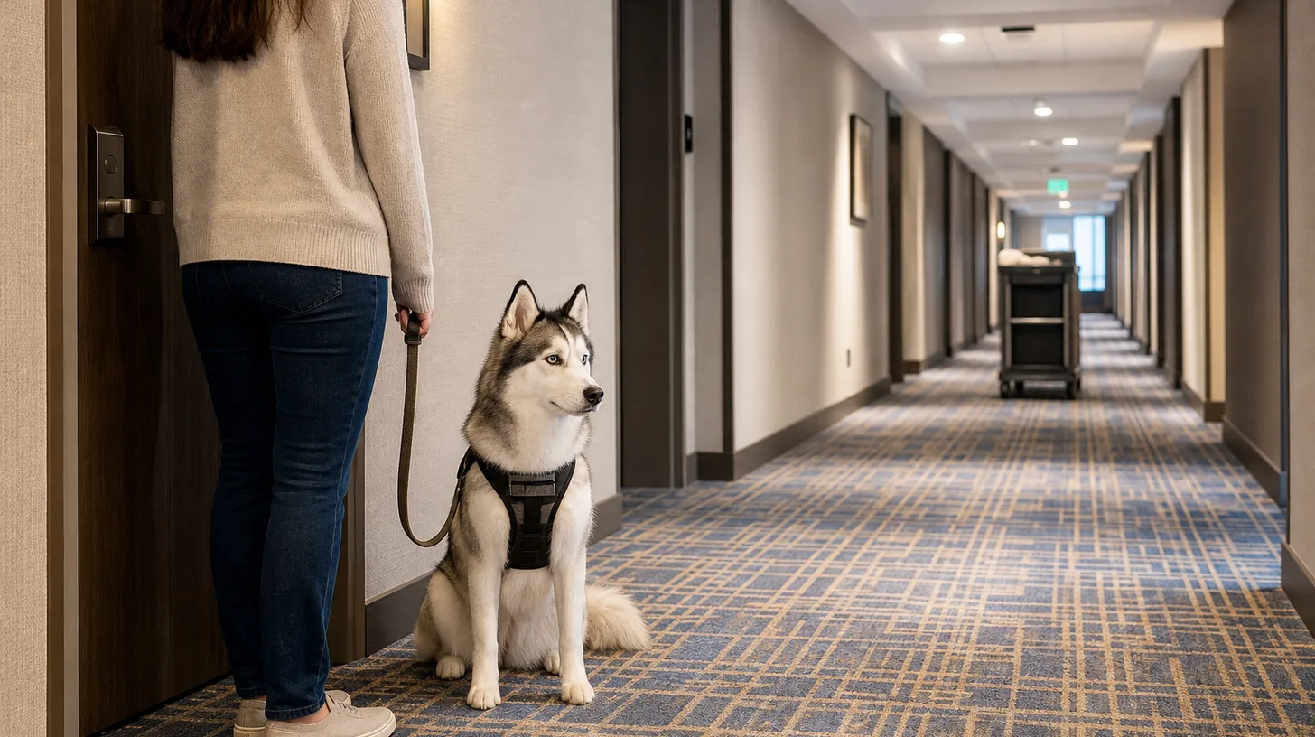 Harnessed Pomsky waiting with a caregiver beside a closed hotel room door away from a housekeeping cart