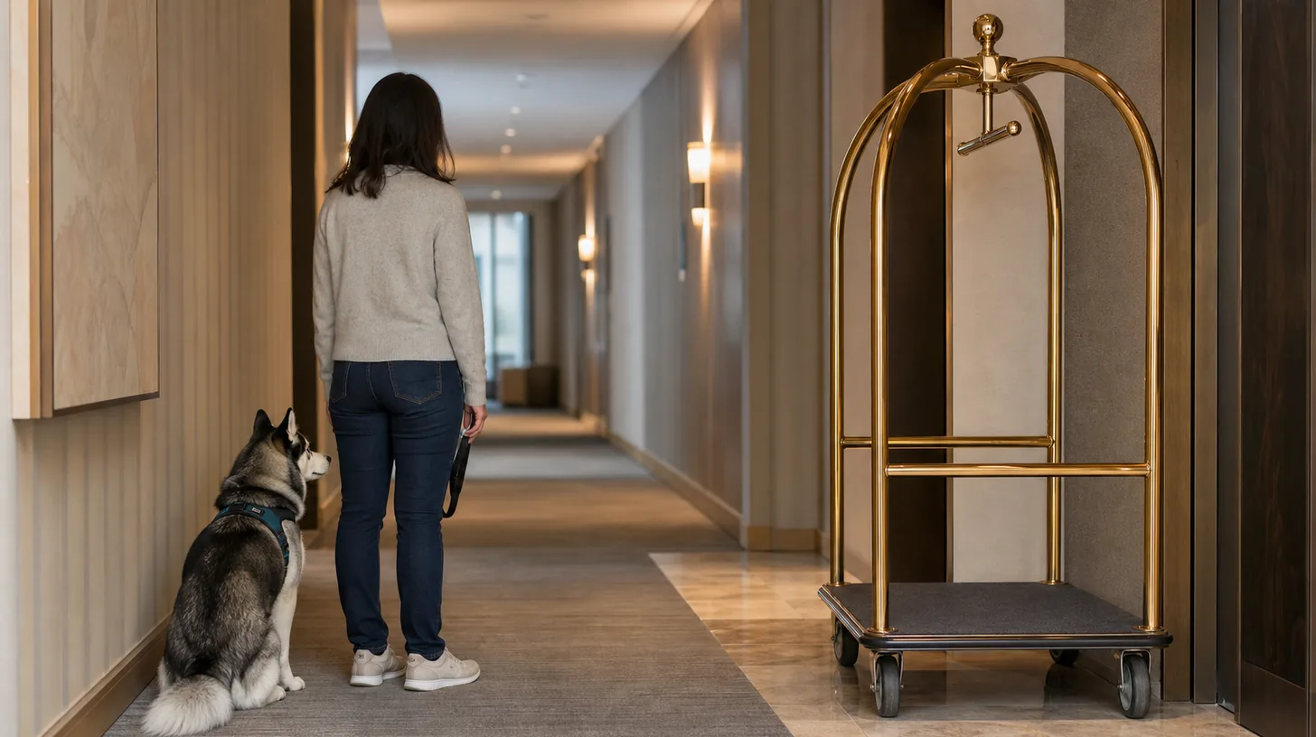A harnessed Pomsky waits beside an adult at a safe distance from a stationary luggage cart