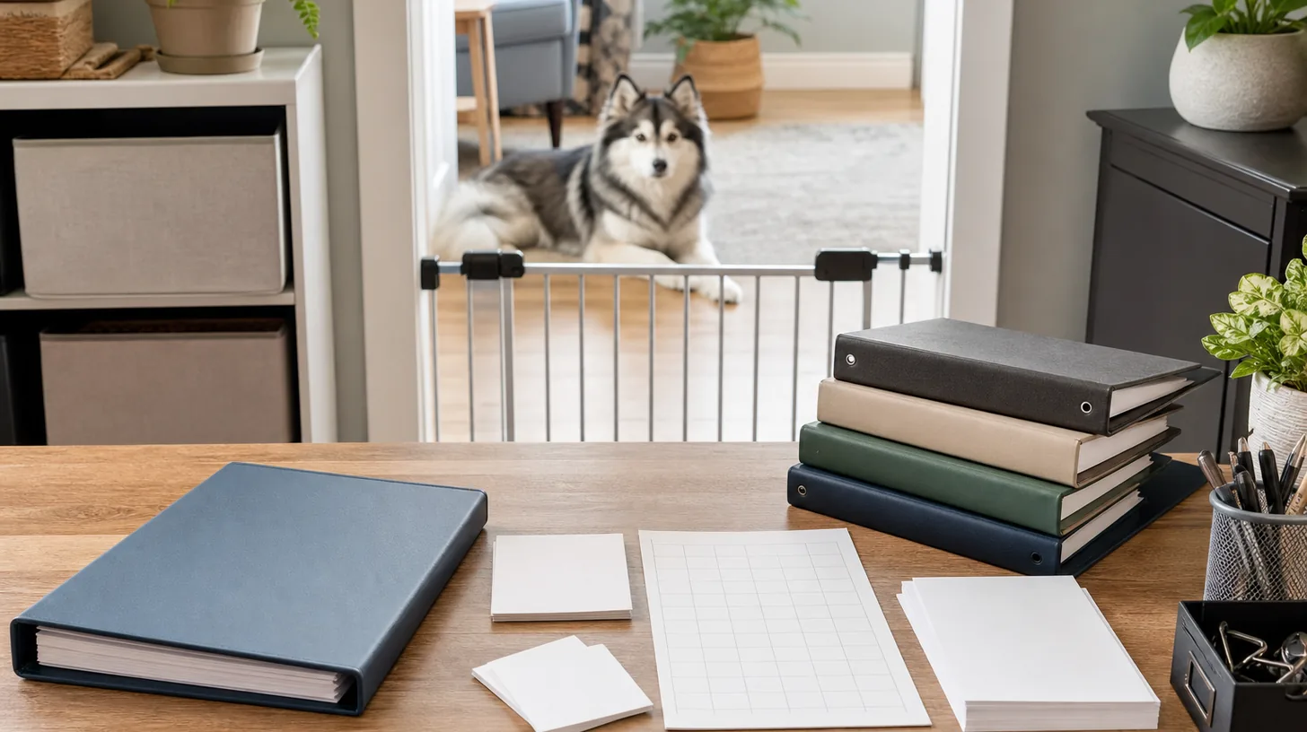 Pomsky rests behind a gate while a current care folder archive folders blank version cards and distribution grid are organized