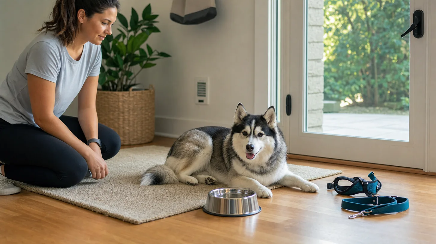 Pomsky rests indoors with water while a caregiver observes after a brief shaded walk