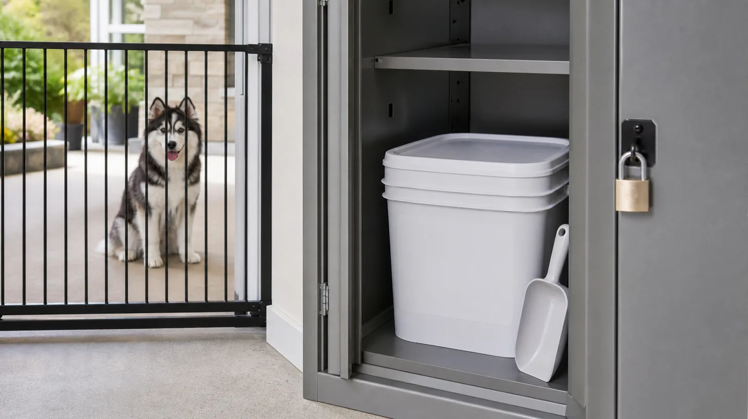 A blank ice-melt container and scoop are locked in a cabinet away from a gated Pomsky