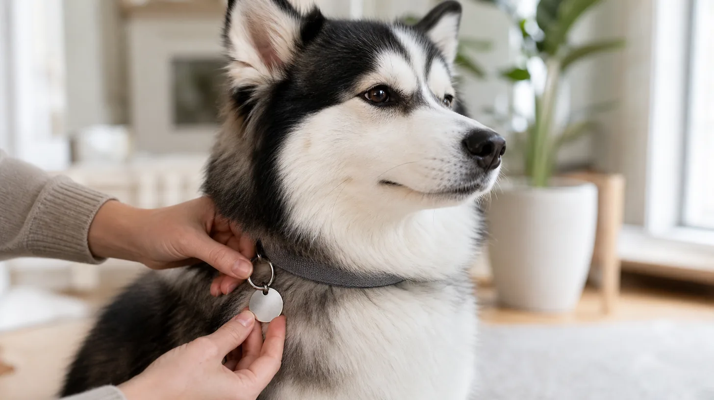 A caregiver inspects a blank identification tag and secure split ring on a relaxed Pomsky
