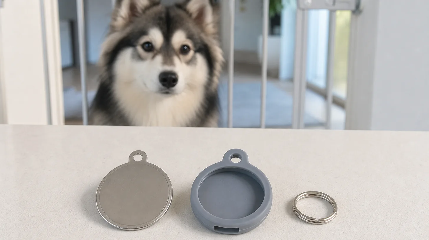 Blank ID tag, detached silicone tag silencer and split ring with a Pomsky behind a gate