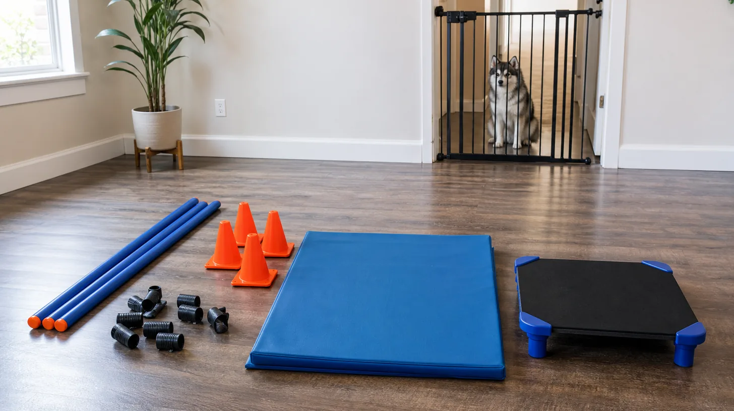 Collected indoor obstacle equipment arranged for counting while a Pomsky waits behind a gate