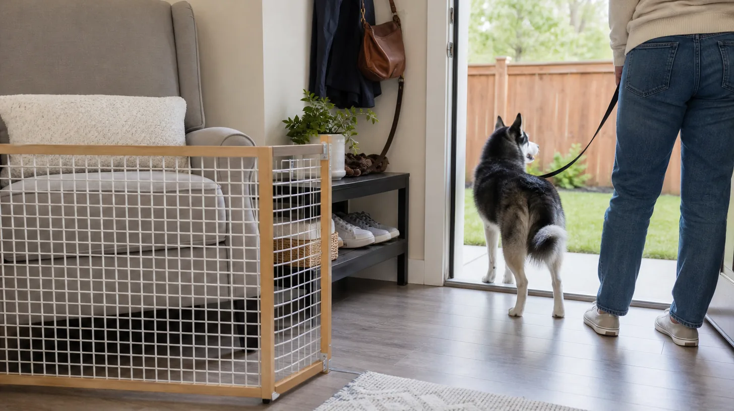 A leashed Pomsky follows a clear outdoor toilet route while an indoor repeat site is gated