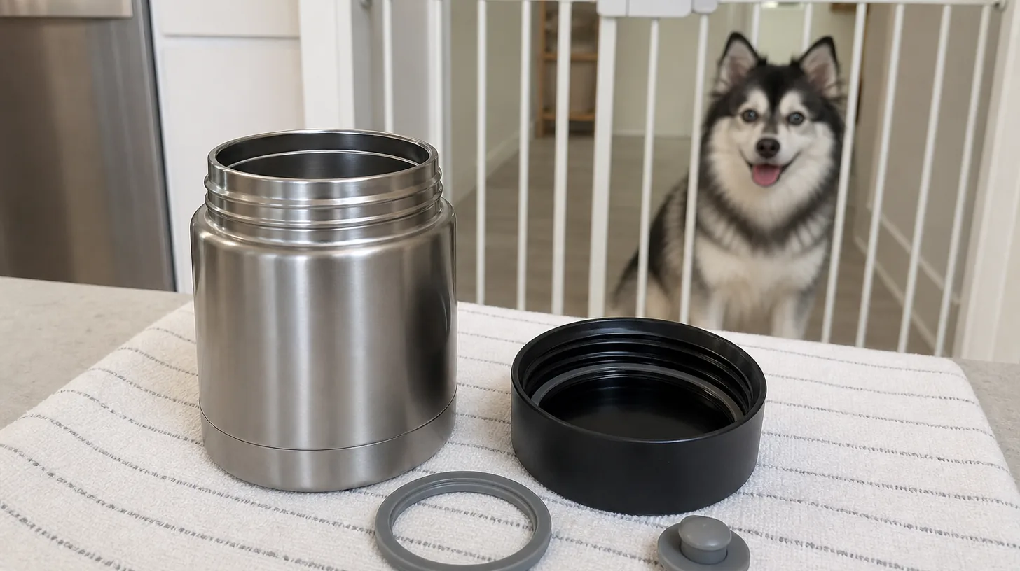 Empty insulated food jar, detached threaded lid, gasket and vent piece