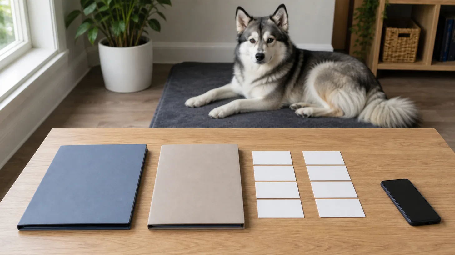 Two closed folders and blank decision cards are arranged near a resting Pomsky