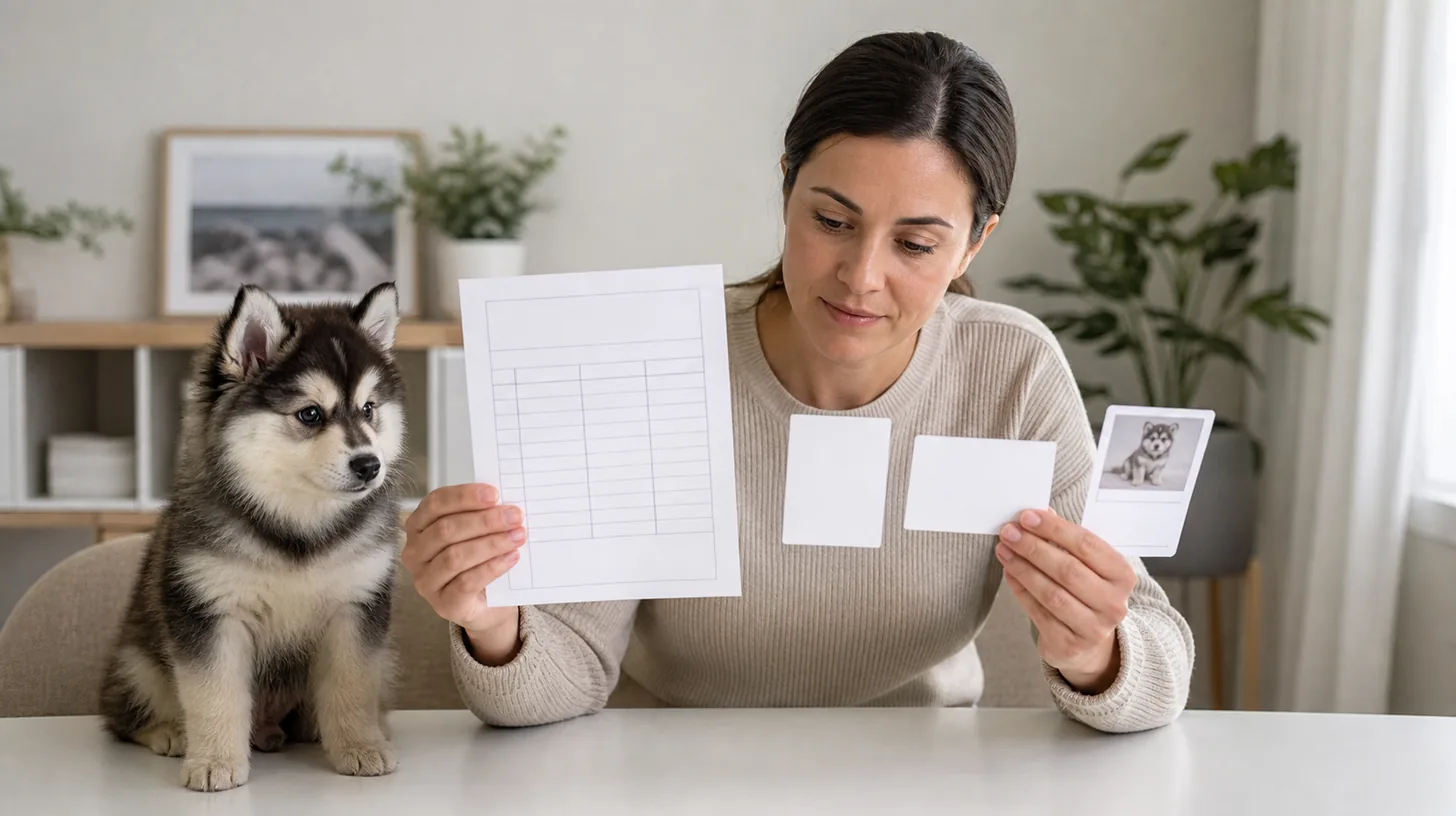 Buyer compares a blank invoice, receipt, payment confirmation and Pomsky identity card