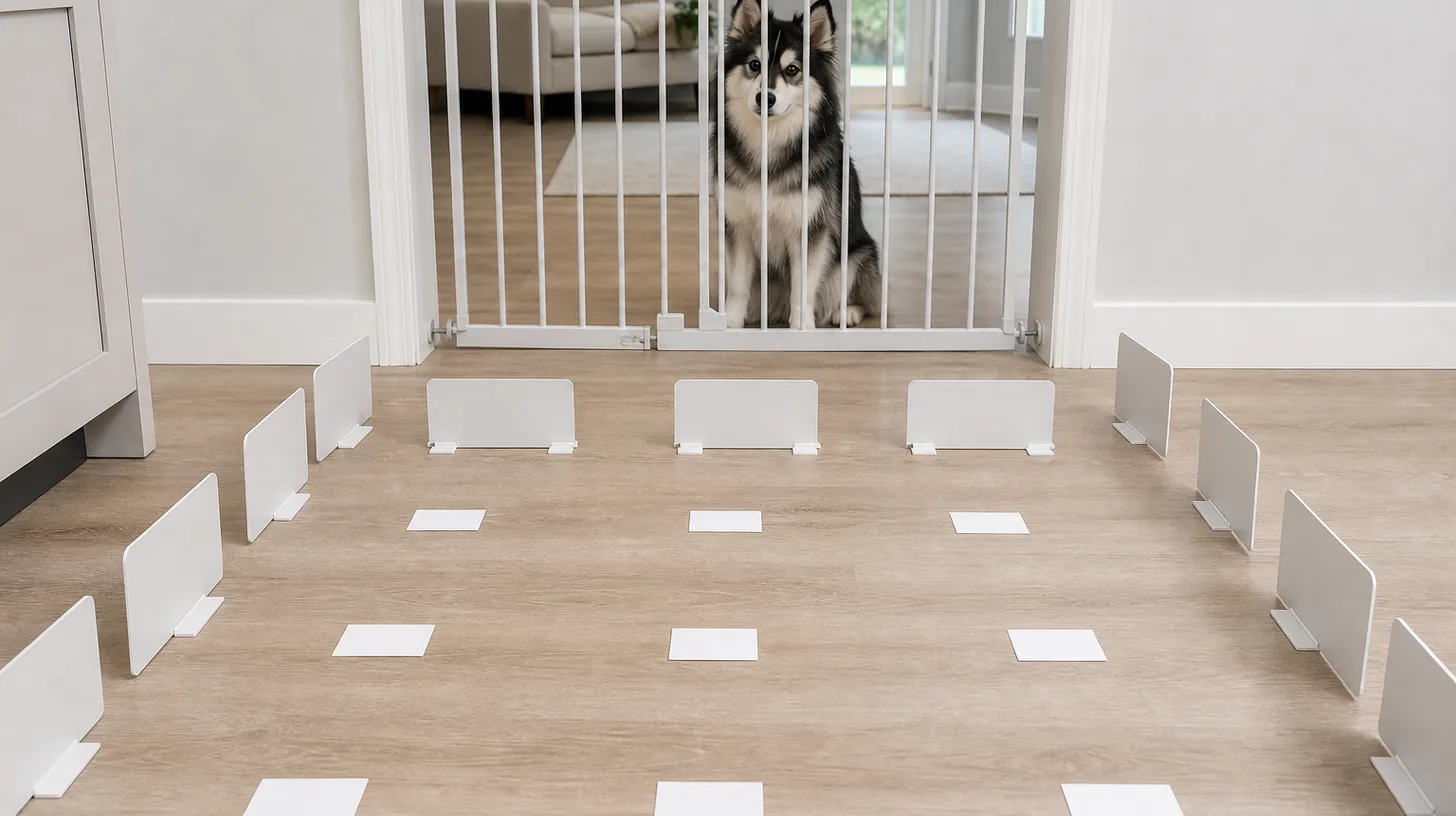 Cleared floor zones marked with blank cards and low boundaries while a Pomsky waits behind a gate