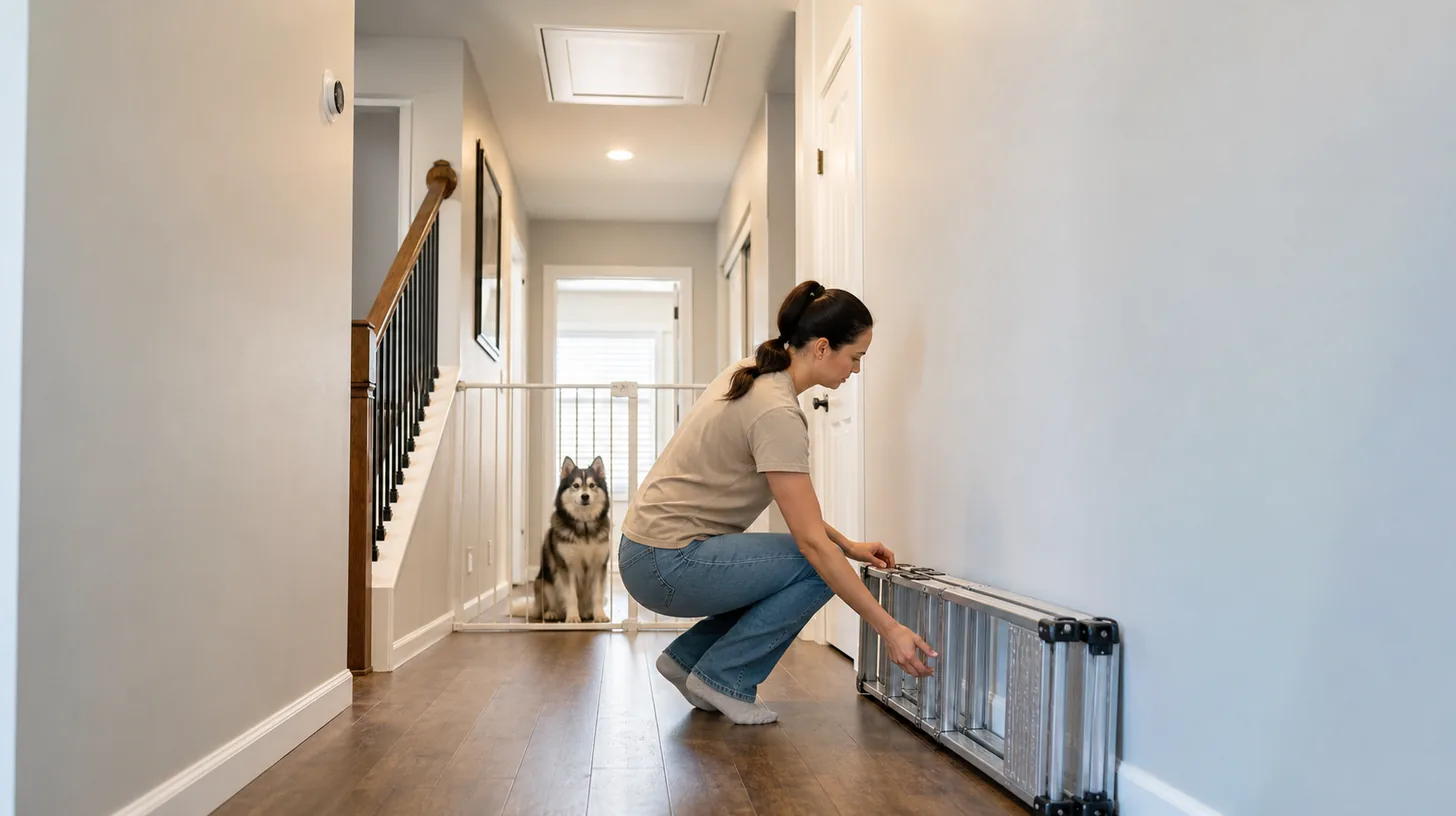 Pomsky behind a secure gate while a caregiver checks a folded ladder below a closed attic hatch