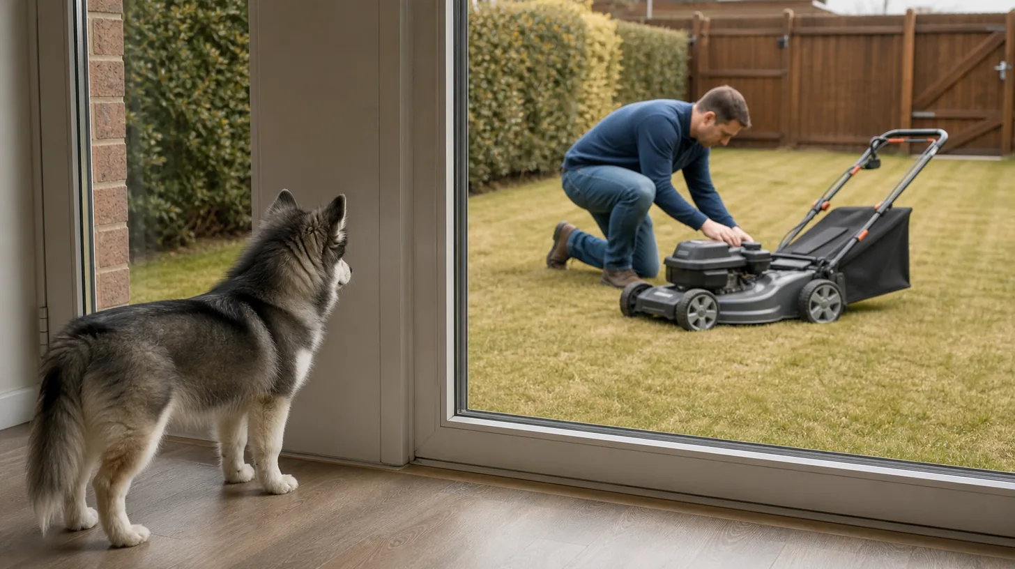 Pomsky waits indoors behind a closed glass door while a caregiver inspects a switched-off lawn mower