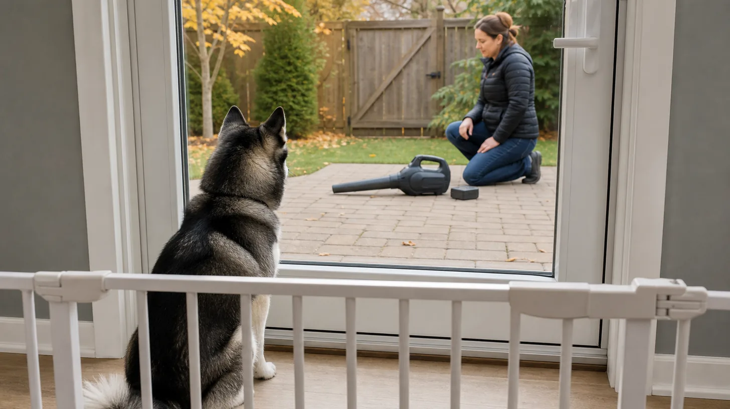 Pomsky behind an indoor gate and closed glass door while a caregiver inspects a switched-off leaf blower outside