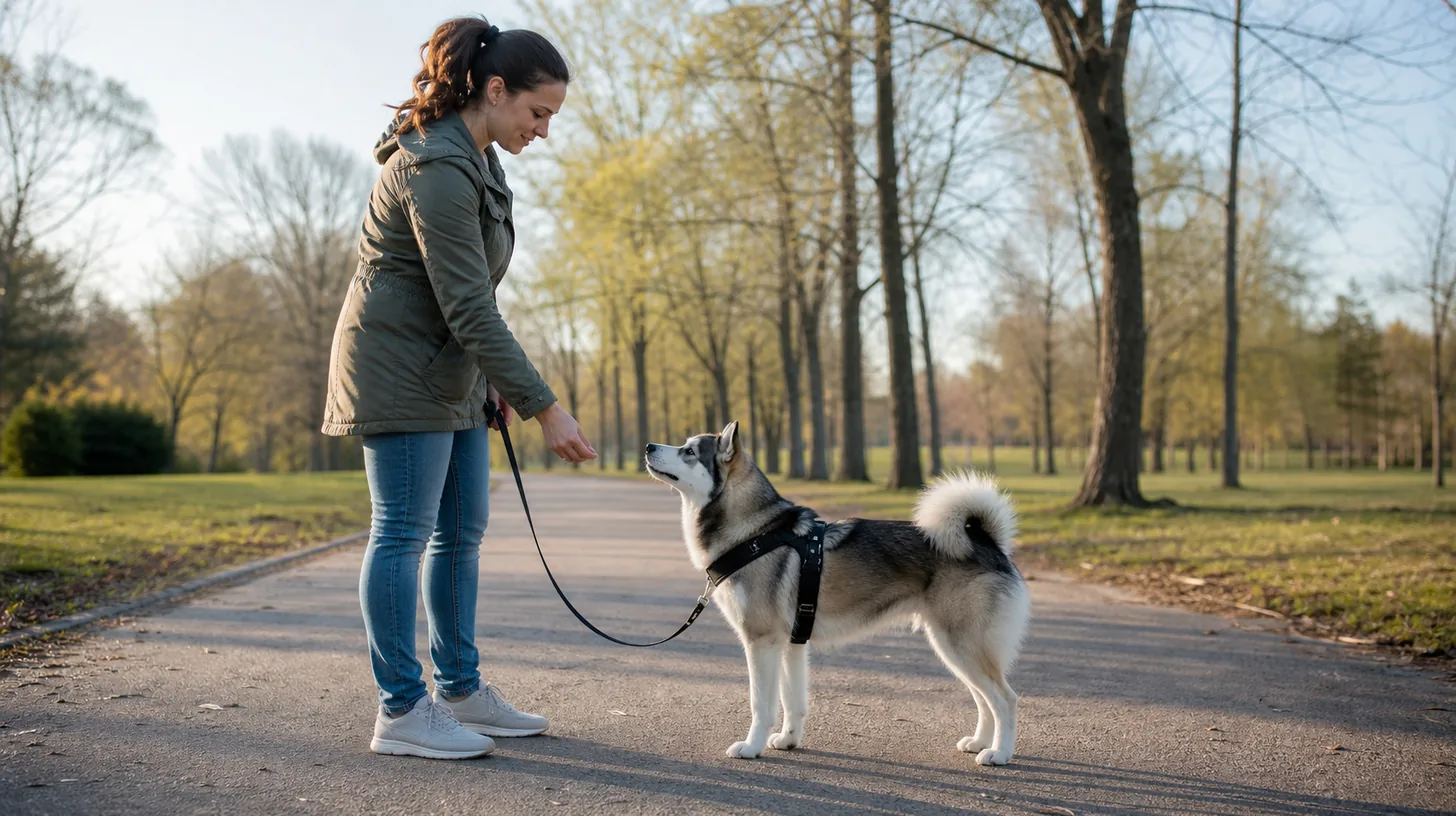 Harnessed Pomsky follows a caregiver hand target on a quiet path with a slack leash