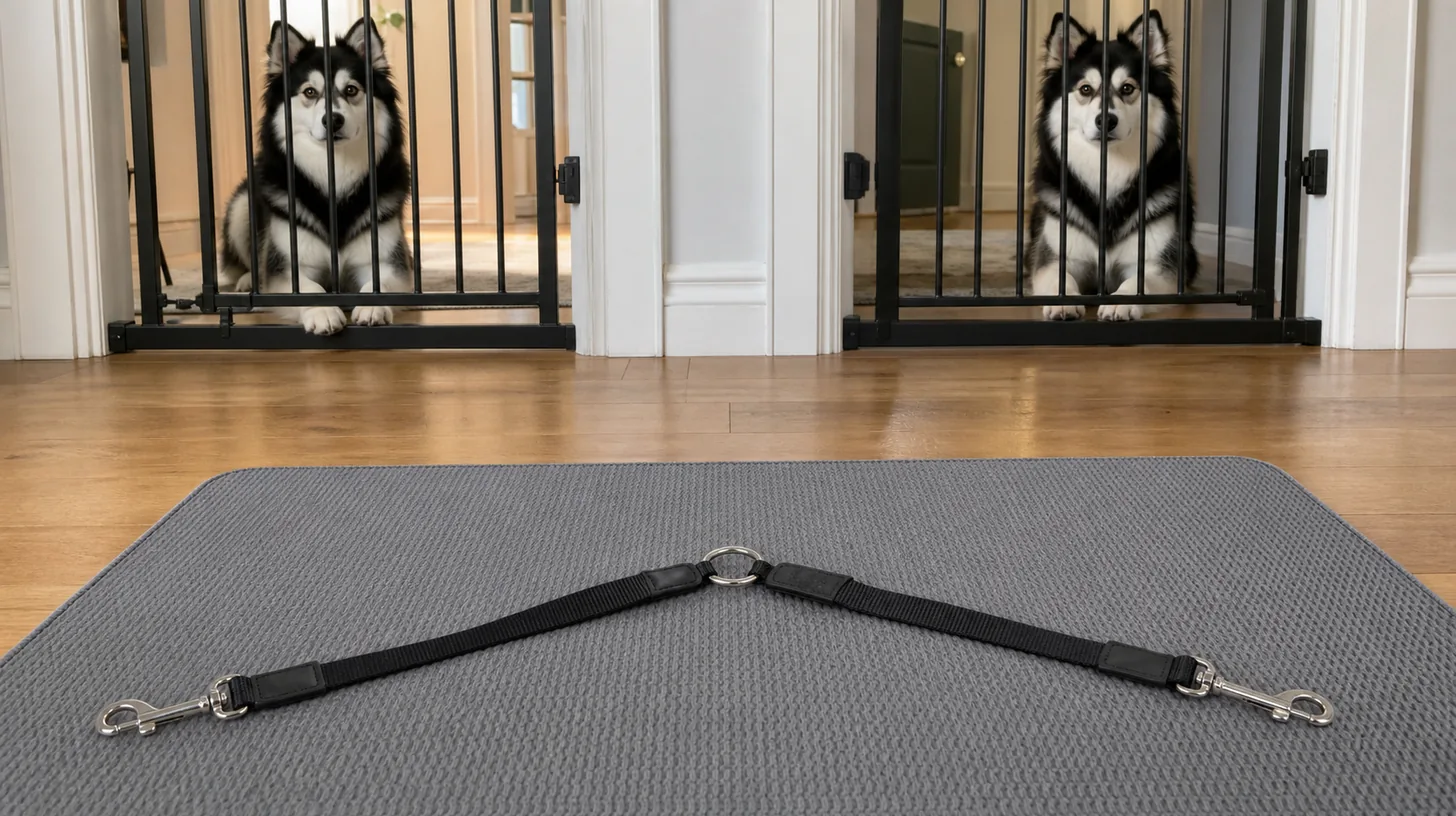 An unloaded two-branch leash coupler lies untangled while two Pomskies wait behind separate gates