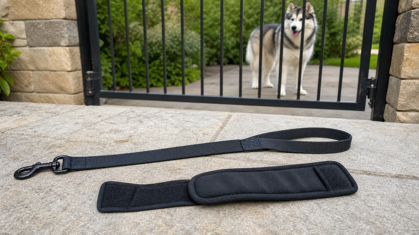 A flat leash handle and detached padded comfort wrap rest away from a gated Pomsky