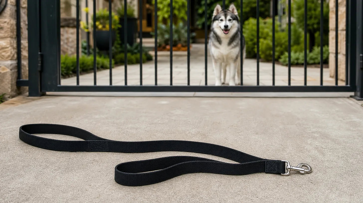 A flat leash shows its short traffic handle and main handle away from a gated Pomsky