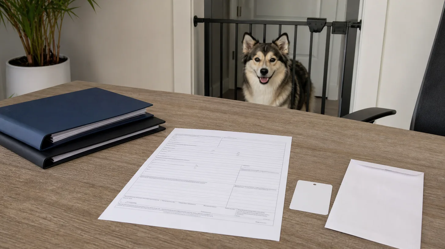 Blank dog-license transfer records, version folders, a tag card and envelope sit away from a gated Pomsky