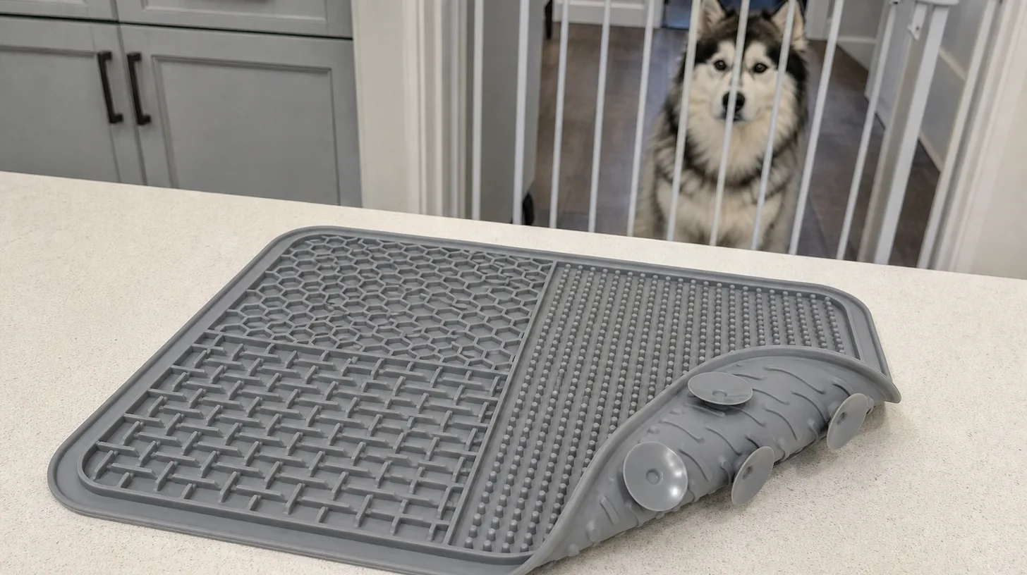 Empty textured lick mat with suction cups visible while a Pomsky waits behind a gate