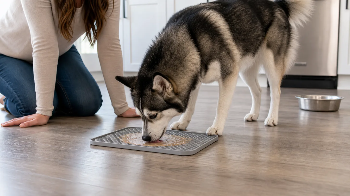 A supervised Pomsky licks a thin food layer from an intact silicone mat on a nonslip floor
