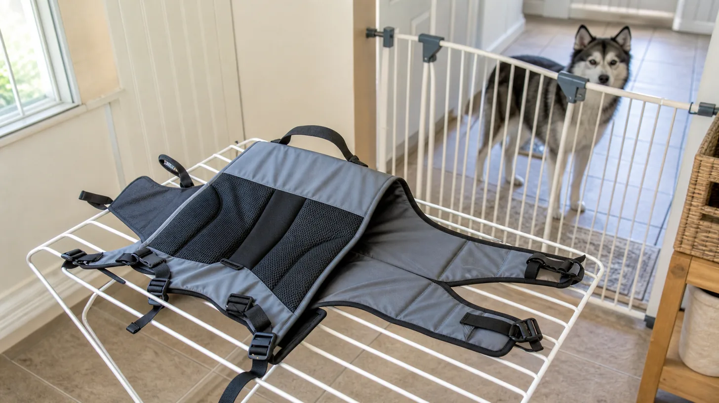 A dog life jacket dries open with straps and buckles visible while a Pomsky waits behind a gate