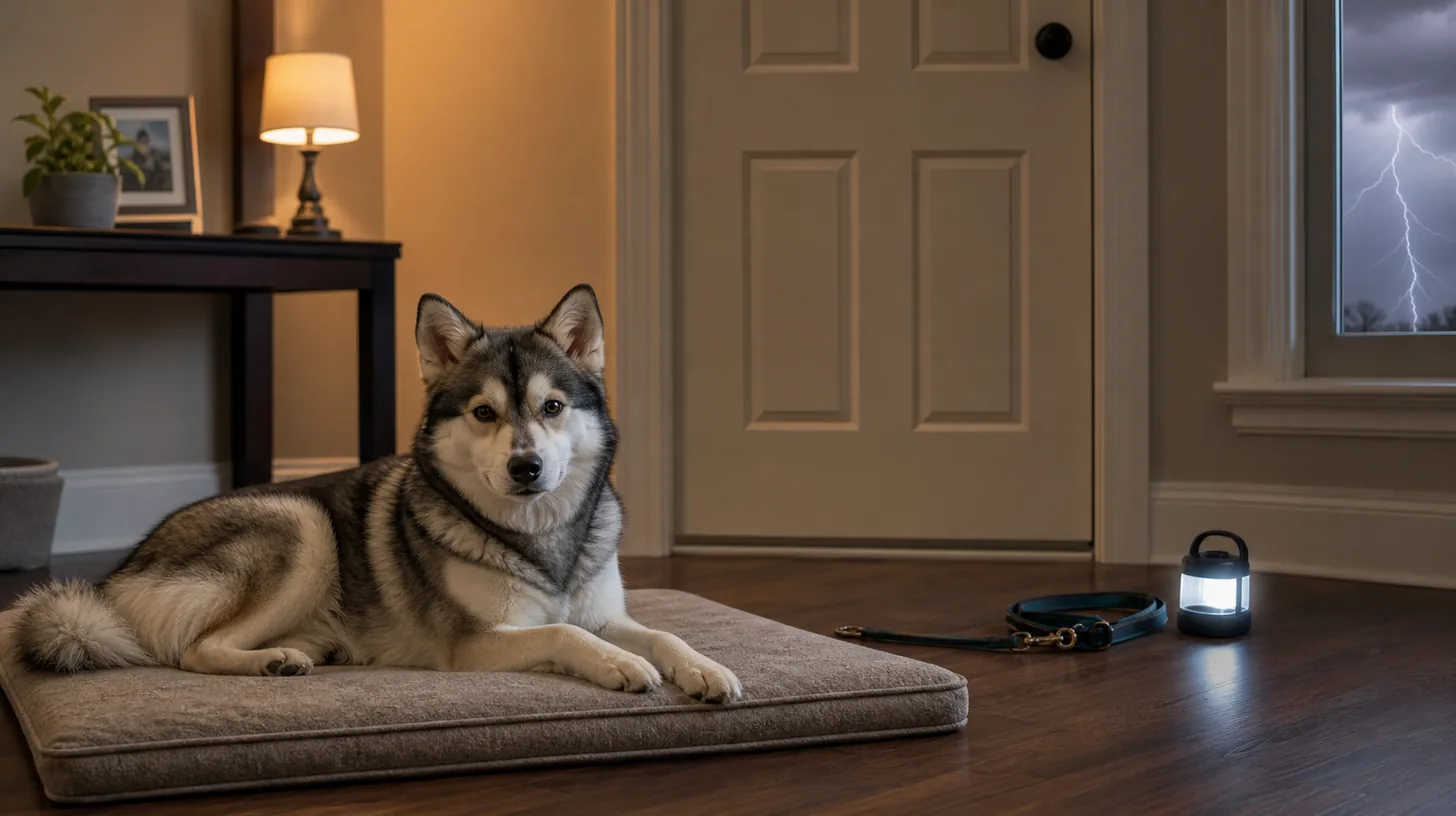 A Pomsky rests indoors away from a closed window during a lightning storm