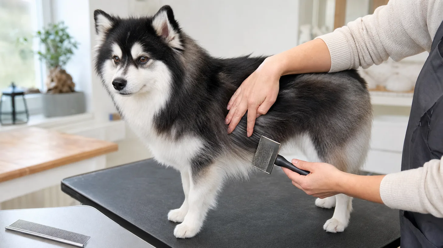 Caregiver supports one small Pomsky coat section while brushing gently on a nonslip mat