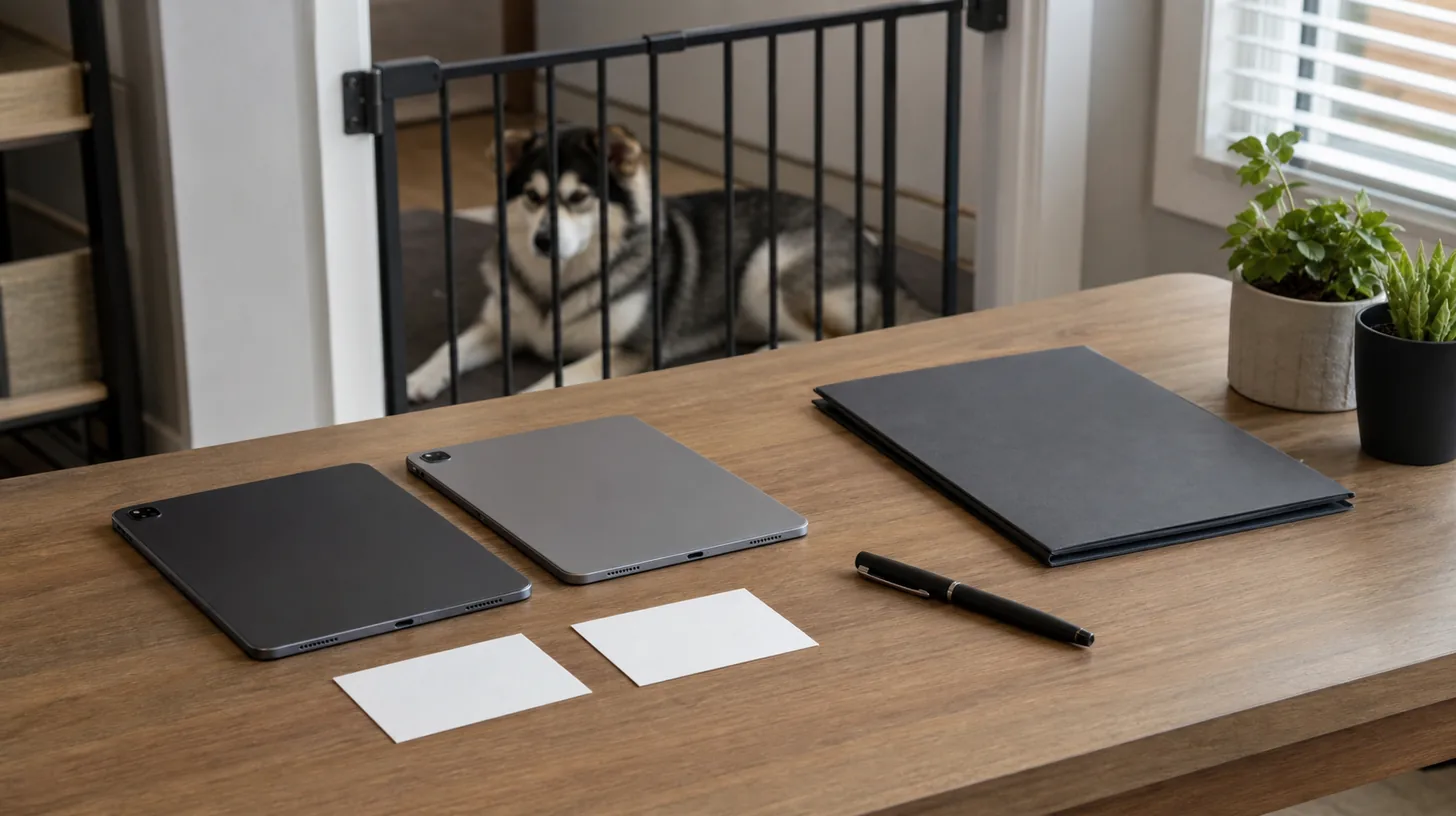 Two face-down tablets, blank version cards and a closed folder sit near a resting Pomsky