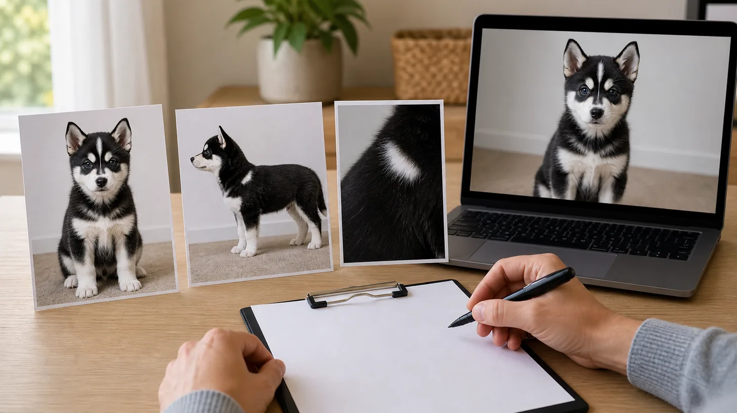 Three consistent Pomsky puppy evidence photos are compared with a live video view