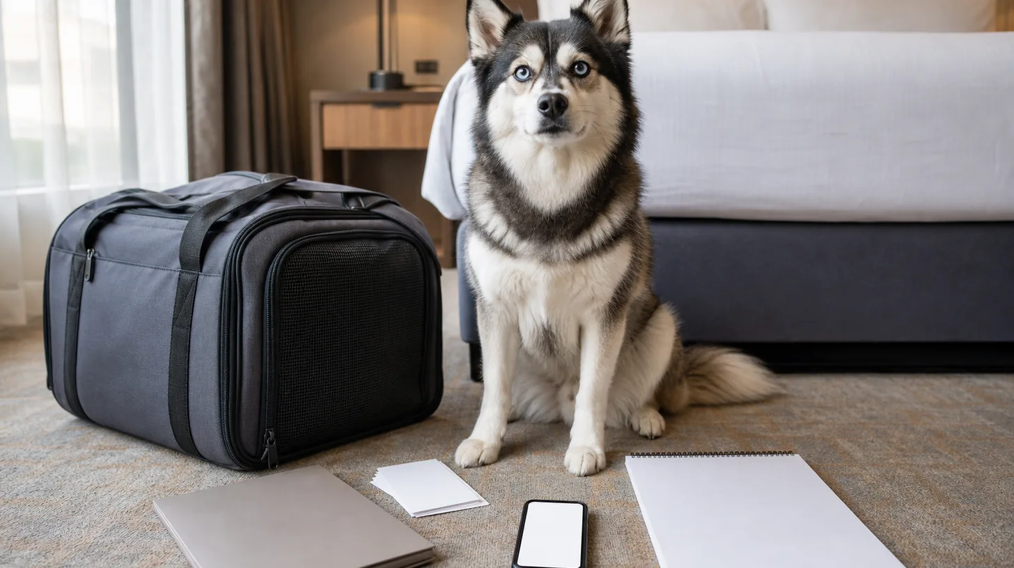 Pomsky sits in an unbranded lodging room beside a travel bag blank policy cards folder calendar and blank phone